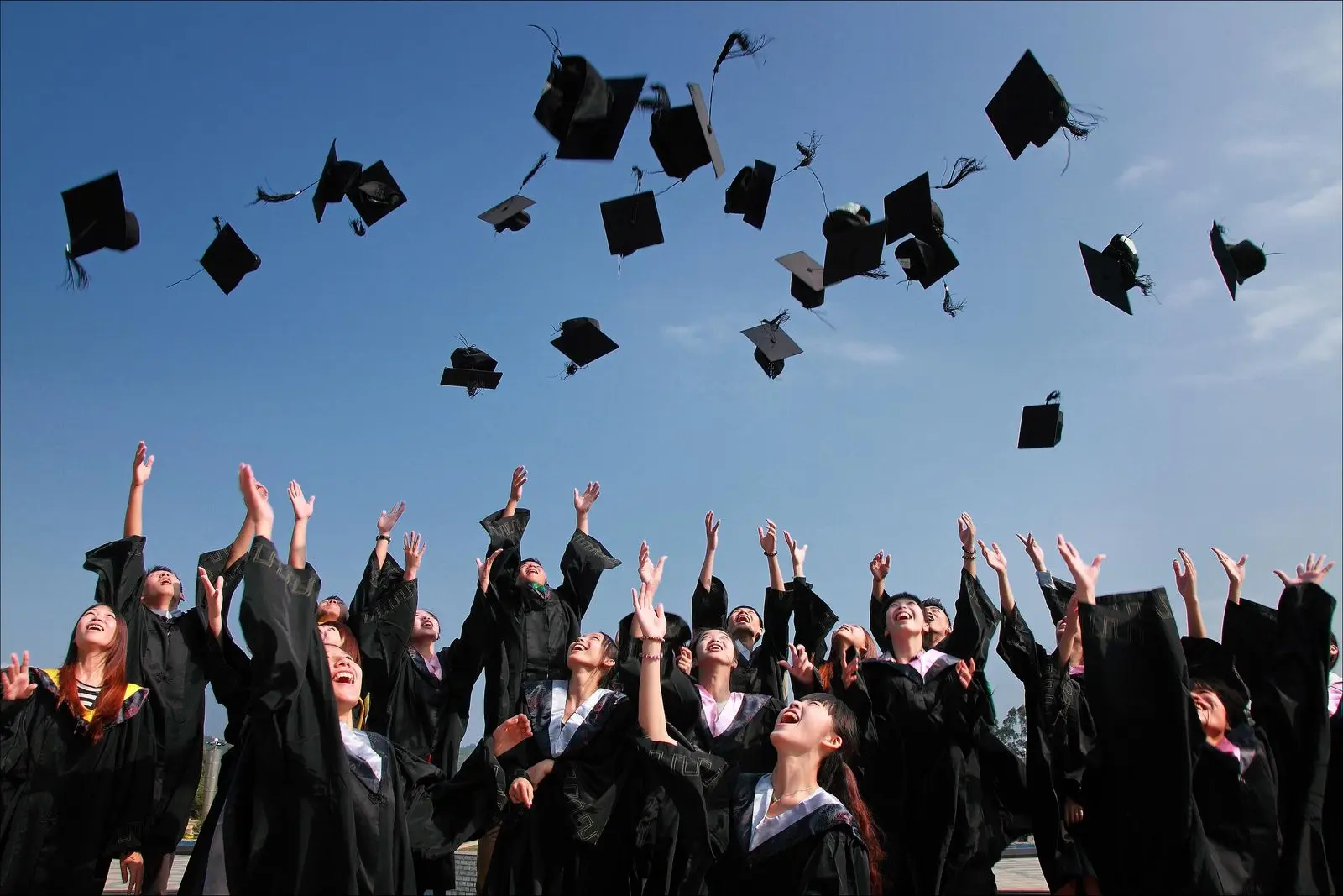 Graduates throwing their caps into the sky at a graduation ceremony